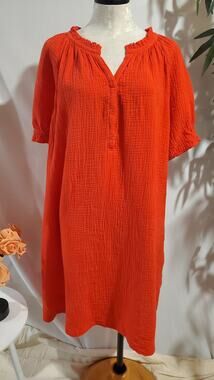 Chicos Cotton Gauze Short Sleeve Dress Plus Size 4 US XXL 20 Red Pockets Natural